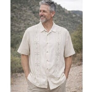 Tommy Bahama 100% Silk Camp Shirt Mens Size Large Beige Embroidered EUC